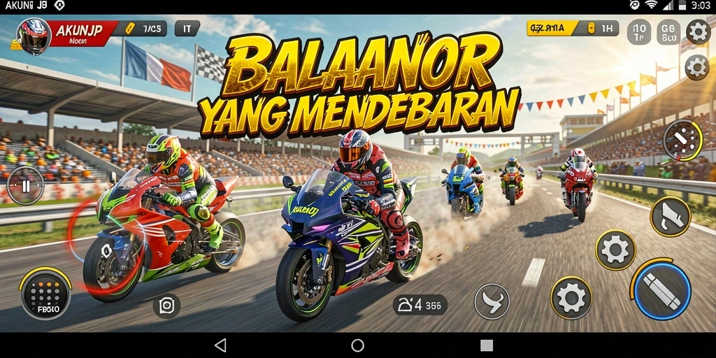 Screenshot gameplay AKUNJP menampilkan balapan motor yang mendebarkan.