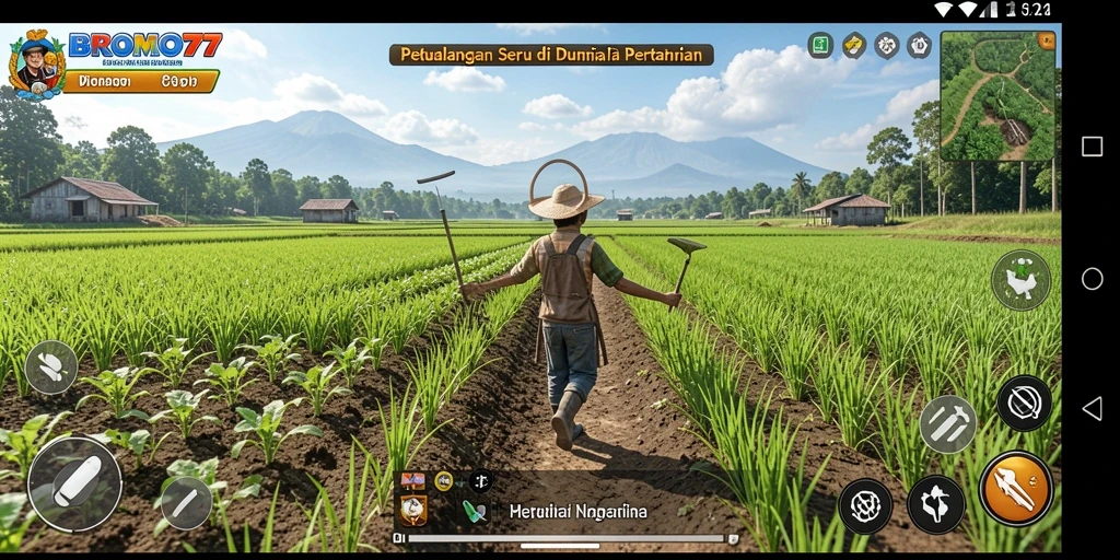 Tangkapan layar gameplay BROMO77 dengan ladang yang menawan.