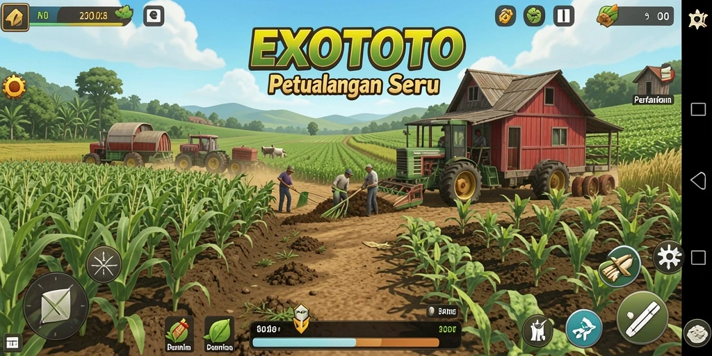 Tangkapan layar EXOTOTO menampilkan aktivitas bercocok tanam yang seru dan interaksi antar pemain.