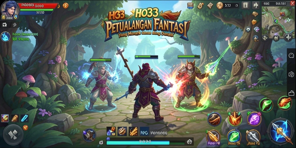 Tampilan gameplay RPG menampilkan karakter bertarung dengan latar belakang fantastis.