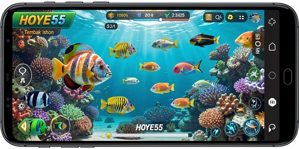 Tangkapan layar gameplay HOYE55 dengan aksi Tembak Ikan yang seru.