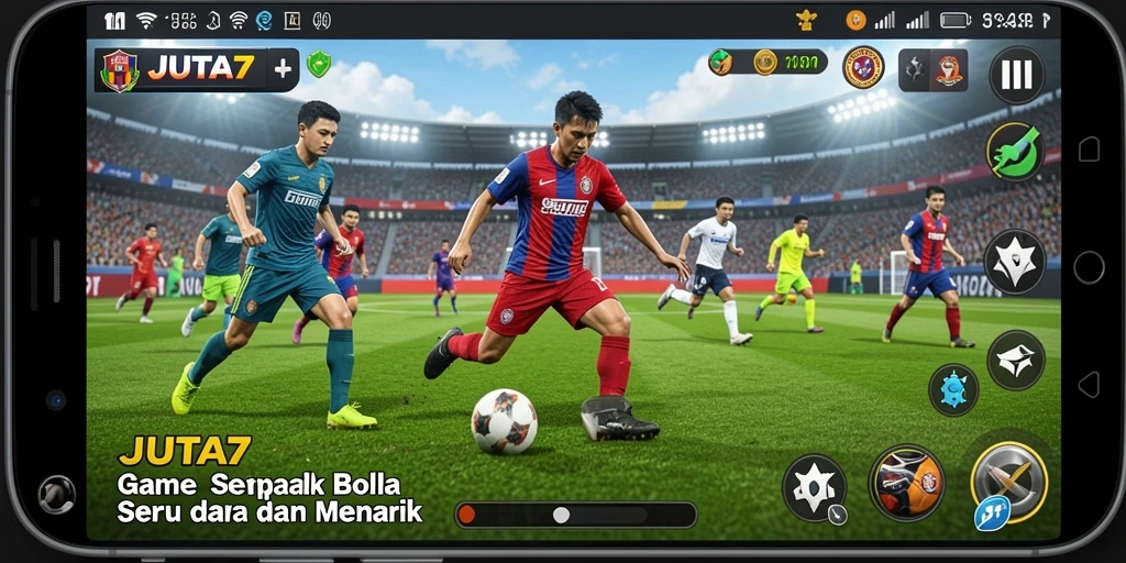 Tampilan gameplay JUTA7 dengan aksi seru sepak bola.