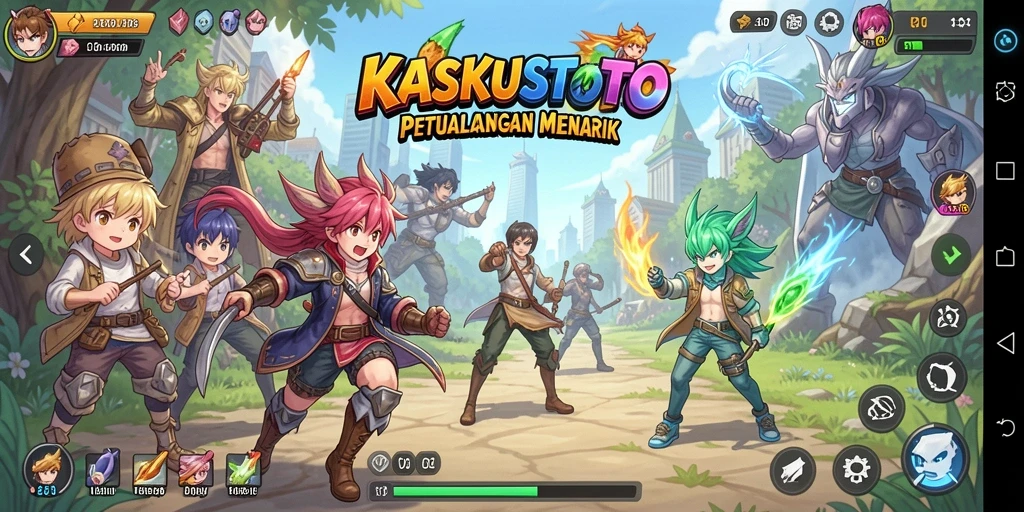 Screenshot gameplay KASKUSTOTO yang penuh aksi dan karakter anime.