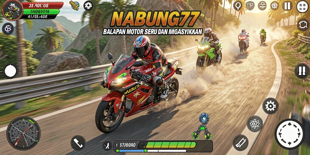 Gameplay seru NABUNG77 dengan balapan motor cepat.