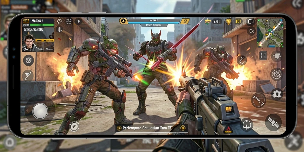 Screenshot gameplay NAGA11 menampilkan aksi seru dalam TPS.
